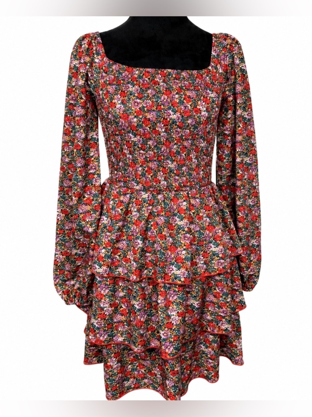 Floral Square Neck Smocked Dress 3 Ruffled Tiers SMALL, Red Lavender NWOT BTFBM
